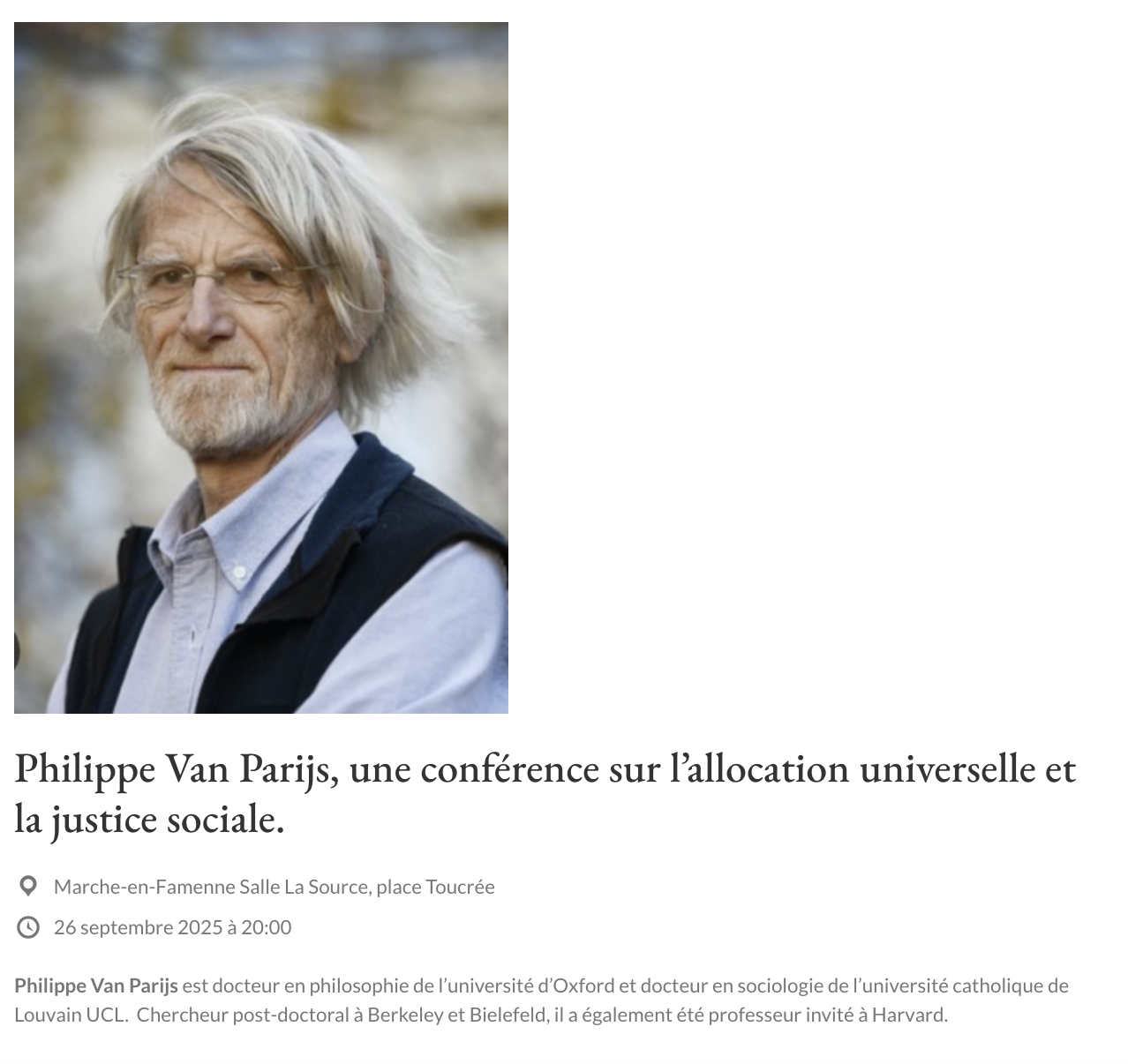 Philippe Van Parijs, une conférence sur l’allocation universelle et la justice sociale.